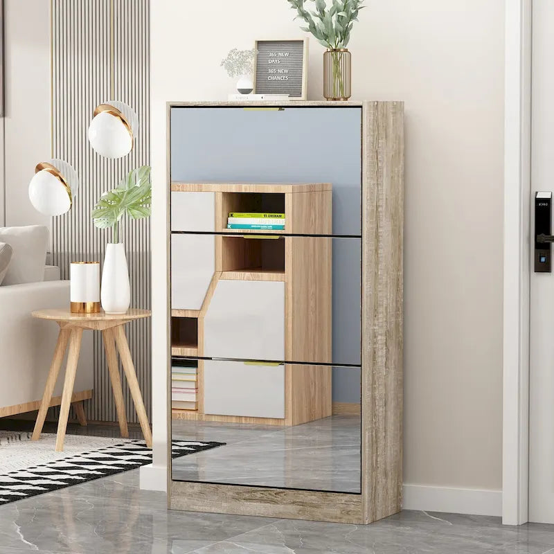 Timechee Mirrored Flip Drawer Shoe Cabinet Storage Cabinet Organizer