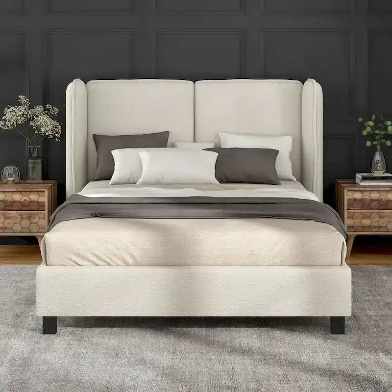Janna Modern Boucle Fabric Queen-size Platform Bed with Wingback Headboard by Furniture of America